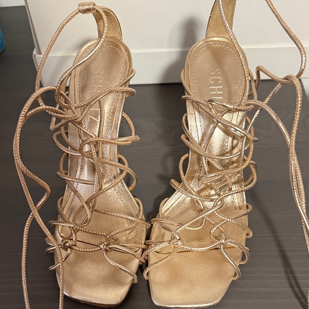 SCHUTZ Metallic Gold Lace-Up Heels